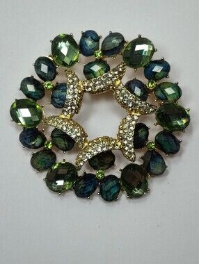 Napier, Wreath Like, Faceted Multi Shades Of Green Crystal Rhinestones Brooch